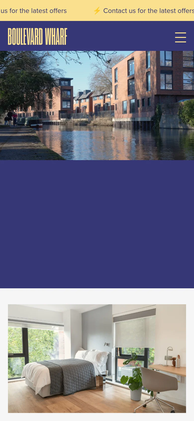 The mobile version displays a simplified layout with a yellow promotional banner at the top and a large hamburger menu icon for navigation. The hero section shows the same canal-side building imagery, but the text and buttons are scaled for vertical scrolling, followed by a high-quality photo of a bright, modern studio apartment.