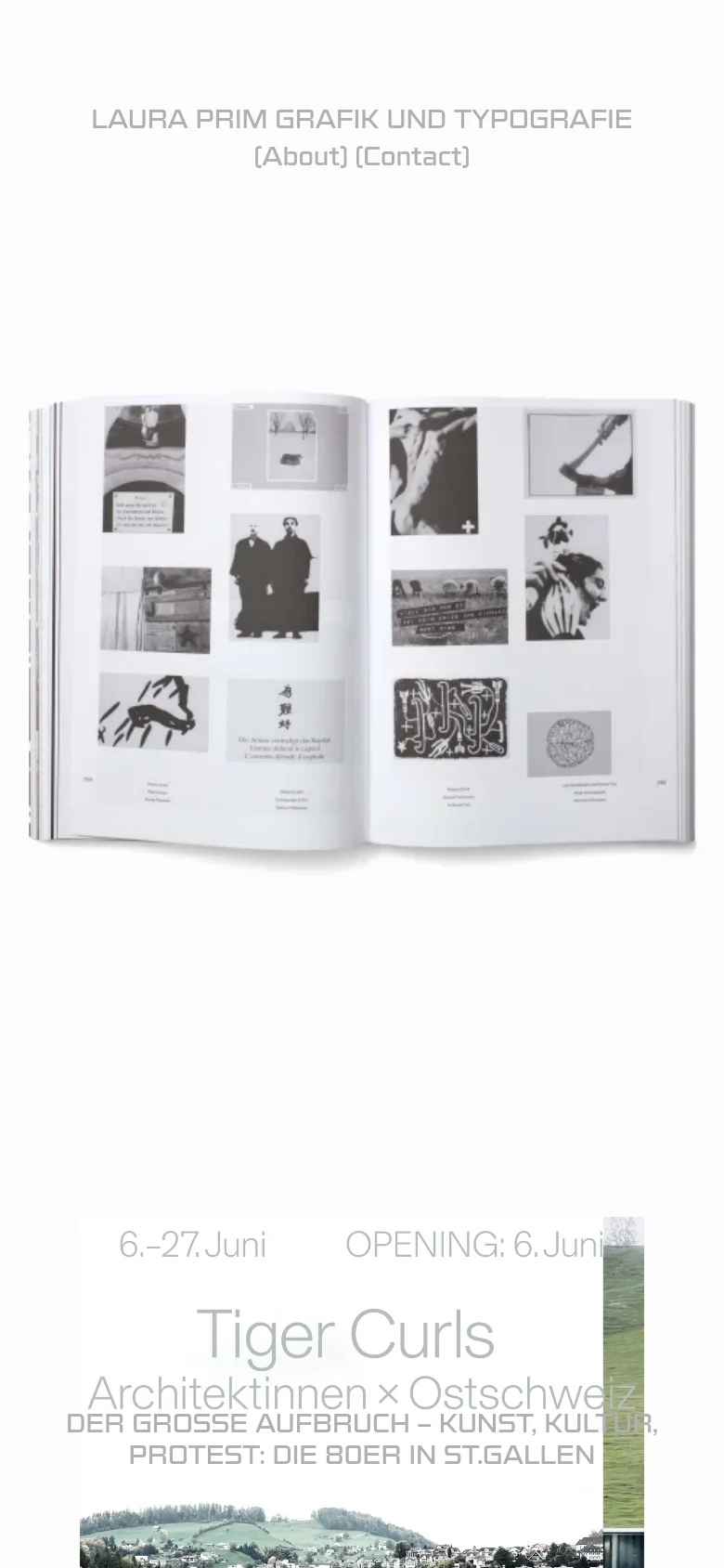 The mobile version maintains the minimalist white aesthetic and centered typography but transitions to a single-column vertical scroll. The large hero image of the open book is scaled down, and project entries are stacked vertically for easier scrolling on a narrow screen.