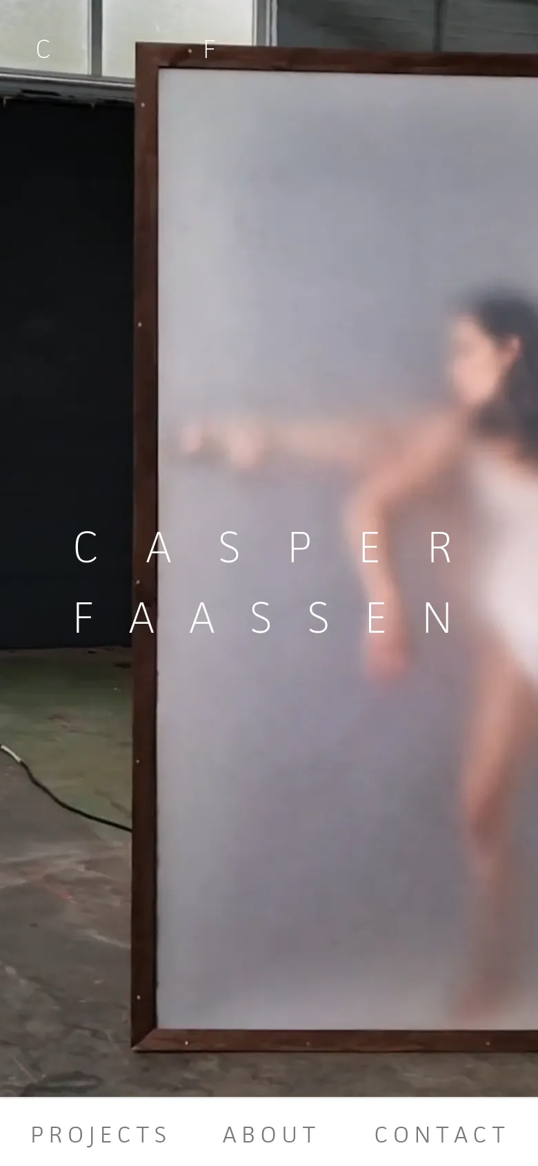 Mobile version of the homepage showing a zoomed-in, vertical crop of the blurred photographic artwork. The name 'CASPER FAASSEN' remains centered in white text, and the bottom navigation bar is scaled to fit the narrower screen width.