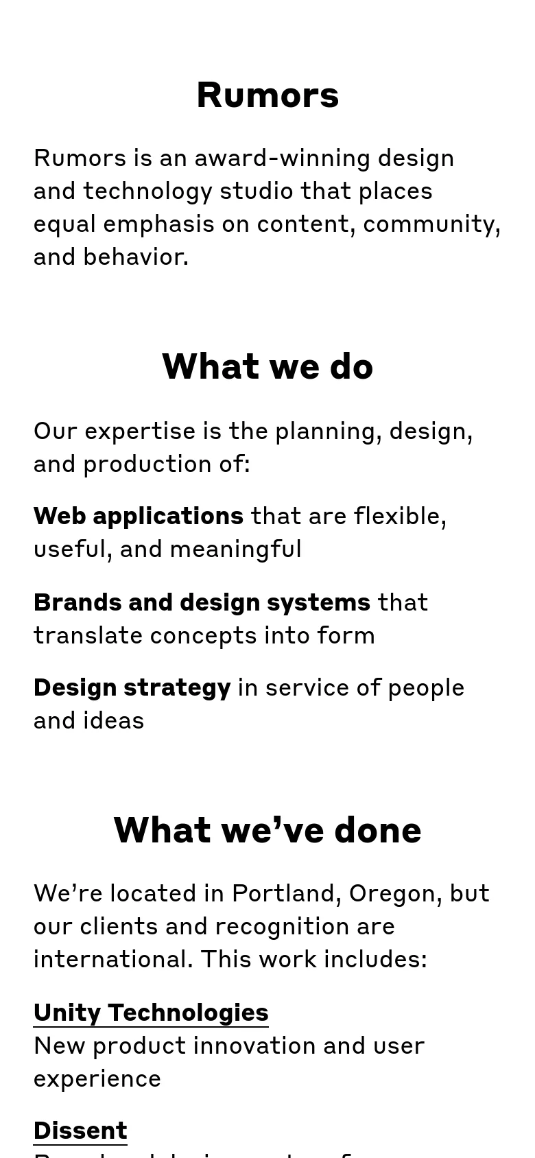 The mobile version maintains the minimalist black-and-white aesthetic and bold typography of the desktop site but optimizes the layout for a narrow vertical screen. Text is stacked vertically, and the large headings are scaled to fit the width of the device, ensuring readability while preserving the studio's clean, design-focused brand identity.