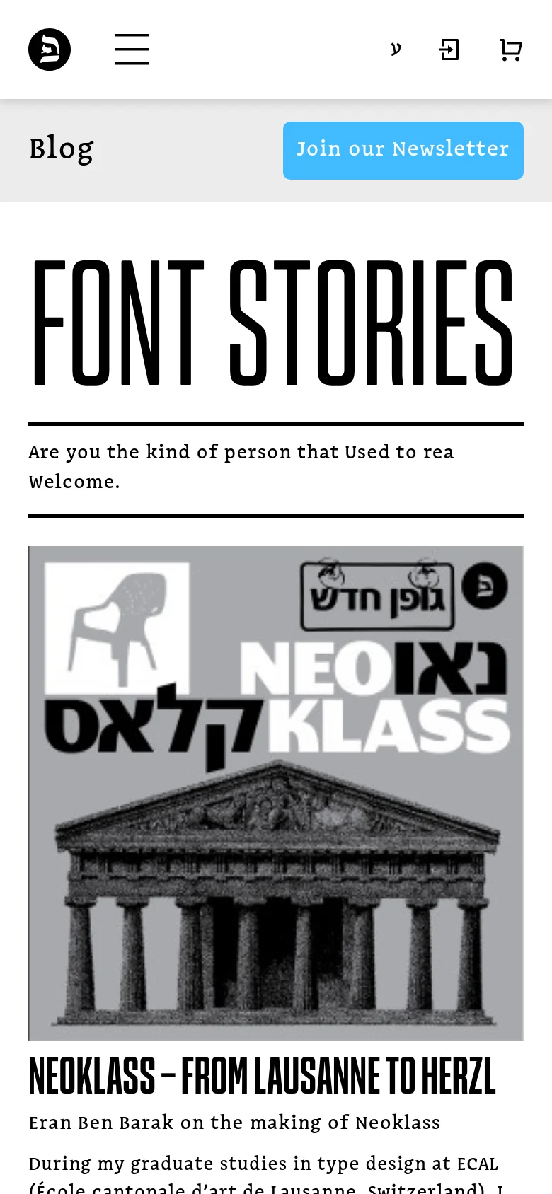 The mobile version presents a simplified, single-column layout optimized for vertical scrolling. The 'FONT STORIES' headline remains prominent, followed by a 'Join our Newsletter' blue button and a single-column list of article cards. Each card consists of a large image, a bold title, and a brief description, with a condensed navigation menu represented by a hamburger icon at the top.