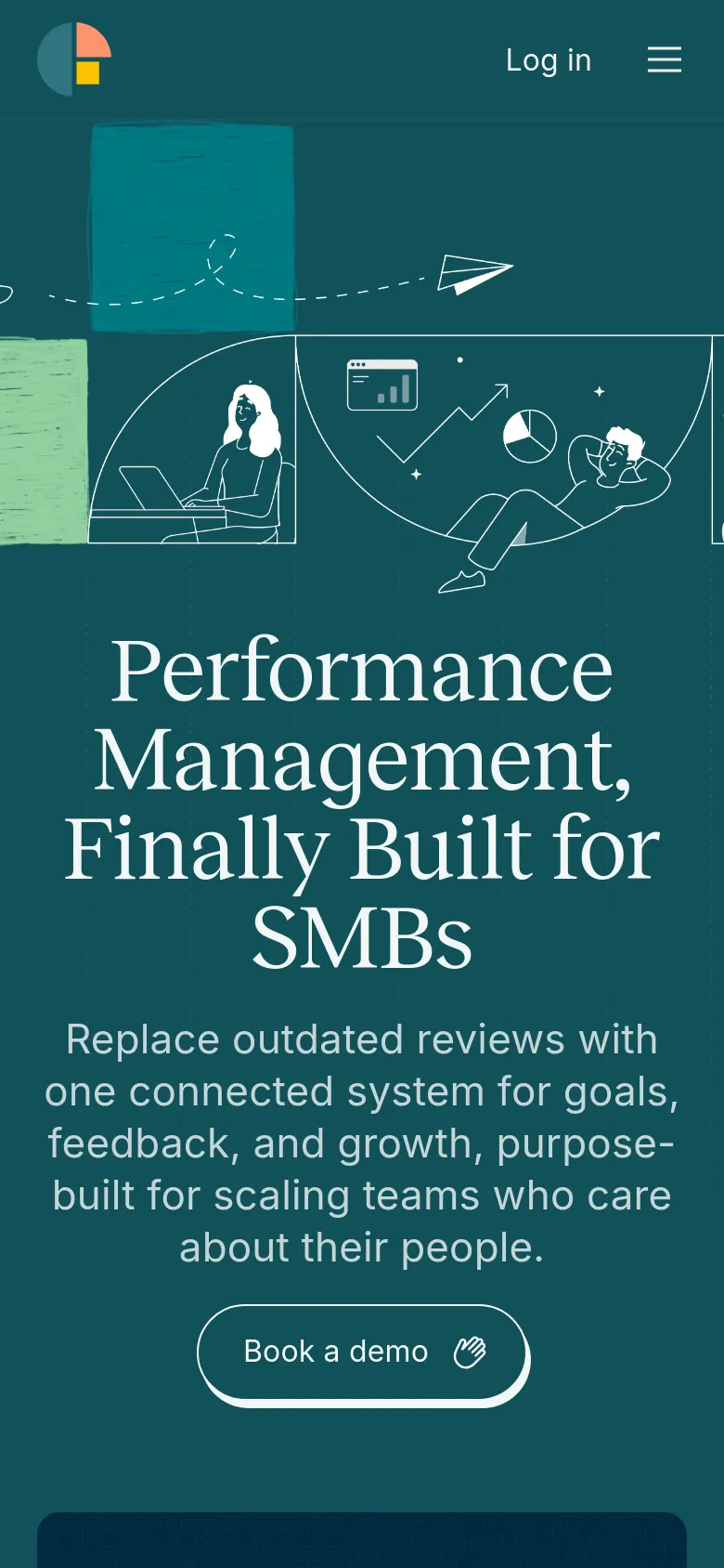 The mobile version presents a vertically stacked layout with the colorful line-art illustration at the top. The headline and subheadline are centered, followed by a prominent 'Book a demo' button. The navigation is condensed into a hamburger menu icon next to the 'Log in' link.