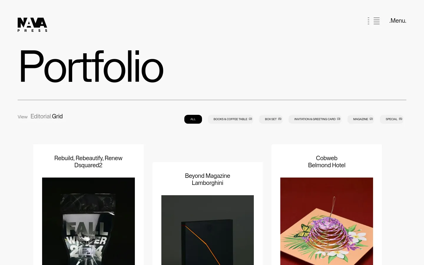 The desktop Portfolio page features a minimalist white background with a large 'Portfolio' heading. Below the heading, a horizontal filter menu allows users to sort projects by categories like 'All', 'Books & Coffee Table', and 'Box Set'. The content is displayed in a spacious grid layout featuring large project images with titles and descriptions underneath, such as 'Rebuild, Rebeautify, Renew Dsquared2'.