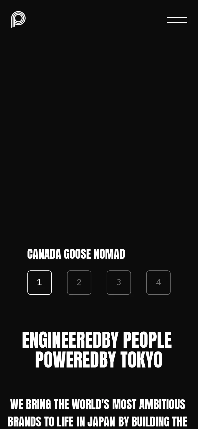 The mobile version maintains the dark aesthetic but uses a simplified layout. The navigation is condensed into a hamburger menu icon at the top right, and the project titles and large bold mission statement are stacked vertically for easier scrolling on a smaller screen.
