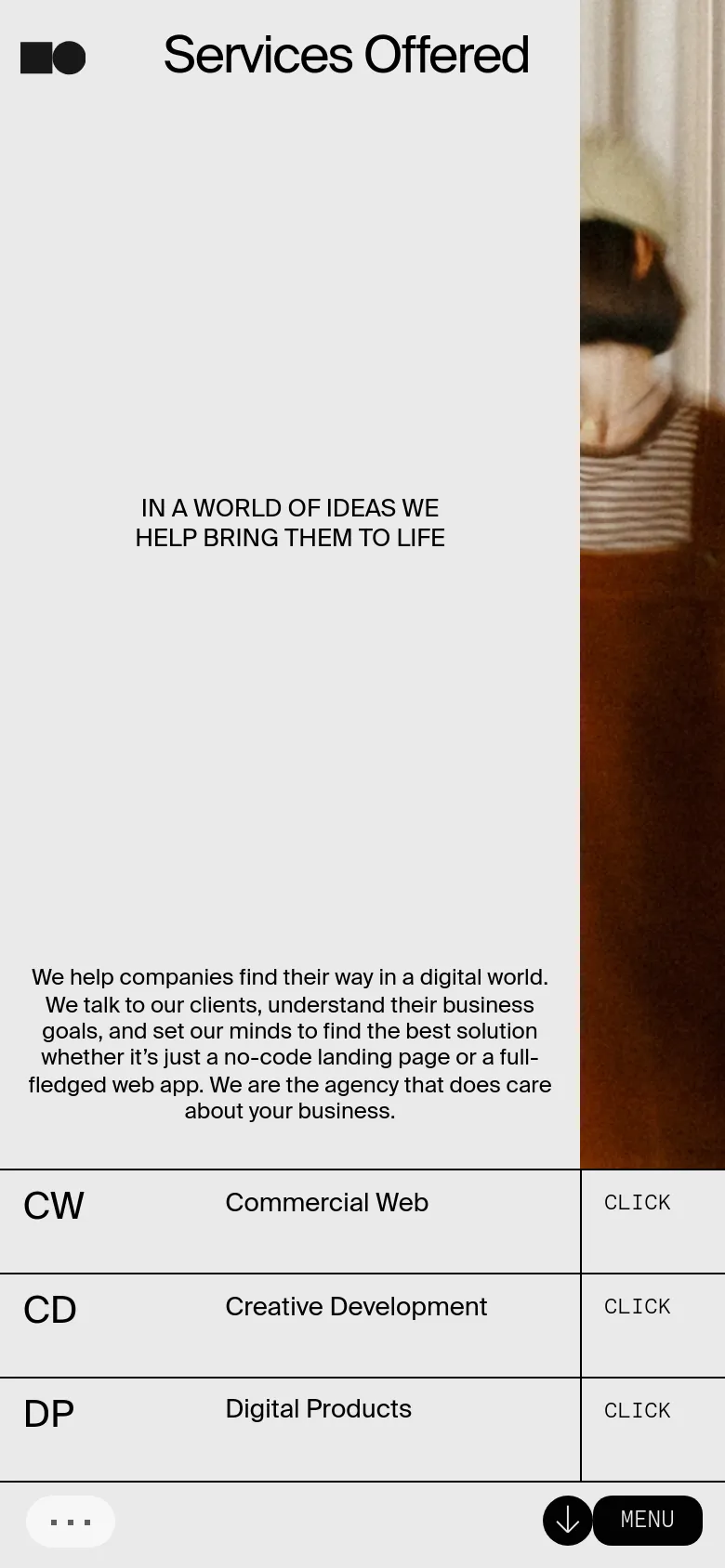 The mobile version uses a stacked vertical layout, placing the 'Services Offered' headline and introductory text at the top. The lifestyle imagery is repositioned, and the service list, including 'Commercial Web', 'Creative Development', and 'Digital Products', follows below with prominent 'CLICK' buttons for each section.