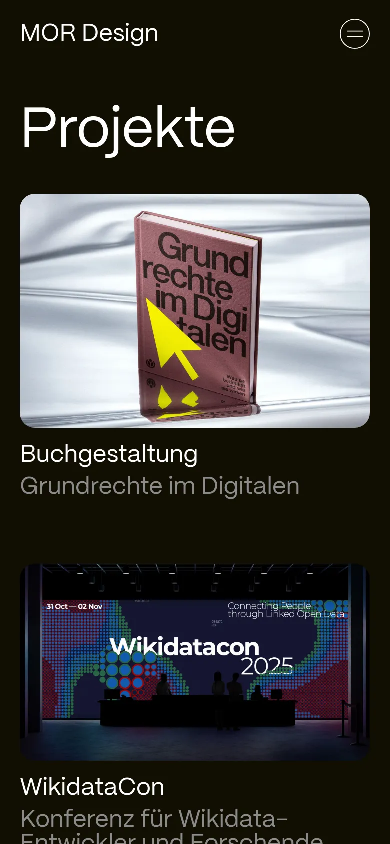 The mobile version shows a single-column vertical layout with the 'Projekte' headline at the top. The project cards, such as 'Buchgestaltung' and 'WikidataCon', are stacked vertically, taking up the full width of the screen. The navigation is condensed into a hamburger menu icon in the top right corner.