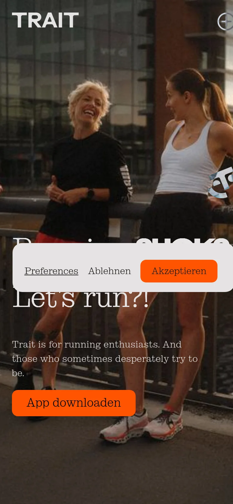 The mobile version presents a vertically stacked layout with the same hero image of runners, but the text 'Running sucks... Let's run?!' is centered and larger. The primary call-to-action is a wide orange button labeled 'App downloaden' located near the bottom, and the cookie consent banner occupies a larger portion of the screen.