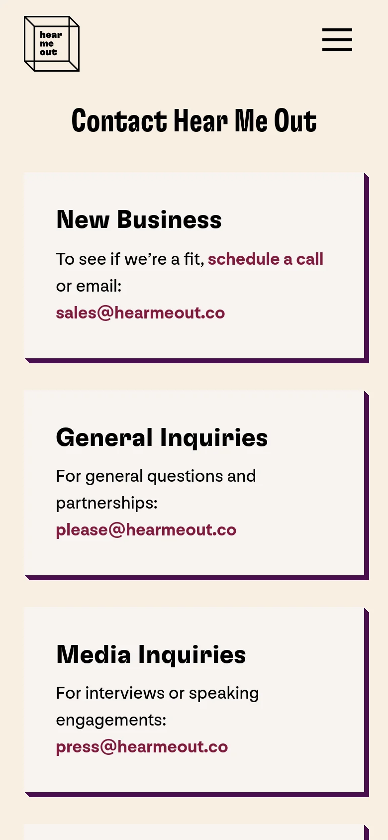 The mobile version displays a single-column layout of the contact cards on a cream background, with the 'Contact Hear Me Out' headline centered at the top. A hamburger menu icon is located in the top right, and the contact cards are stacked vertically for easier scrolling.