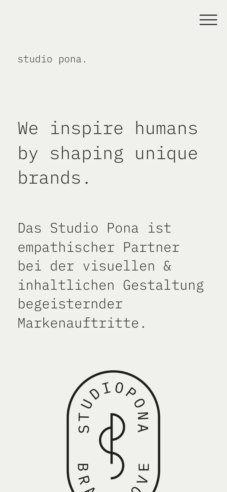 The mobile version maintains the minimalist aesthetic and monospaced typography on a light gray background. The layout is vertically stacked, centering the large headline, descriptive text, and circular logo. The navigation is condensed into a hamburger menu icon in the top right corner.