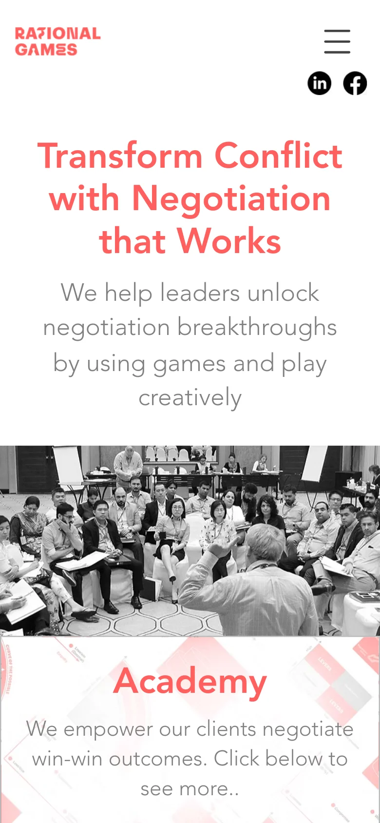 The mobile version uses a single-column vertical layout with a hamburger menu and social icons at the top. The red headline and gray subtext are centered above a full-width black-and-white workshop photo. The 'Academy' section follows below, featuring large red text on a light patterned background, optimized for vertical scrolling.