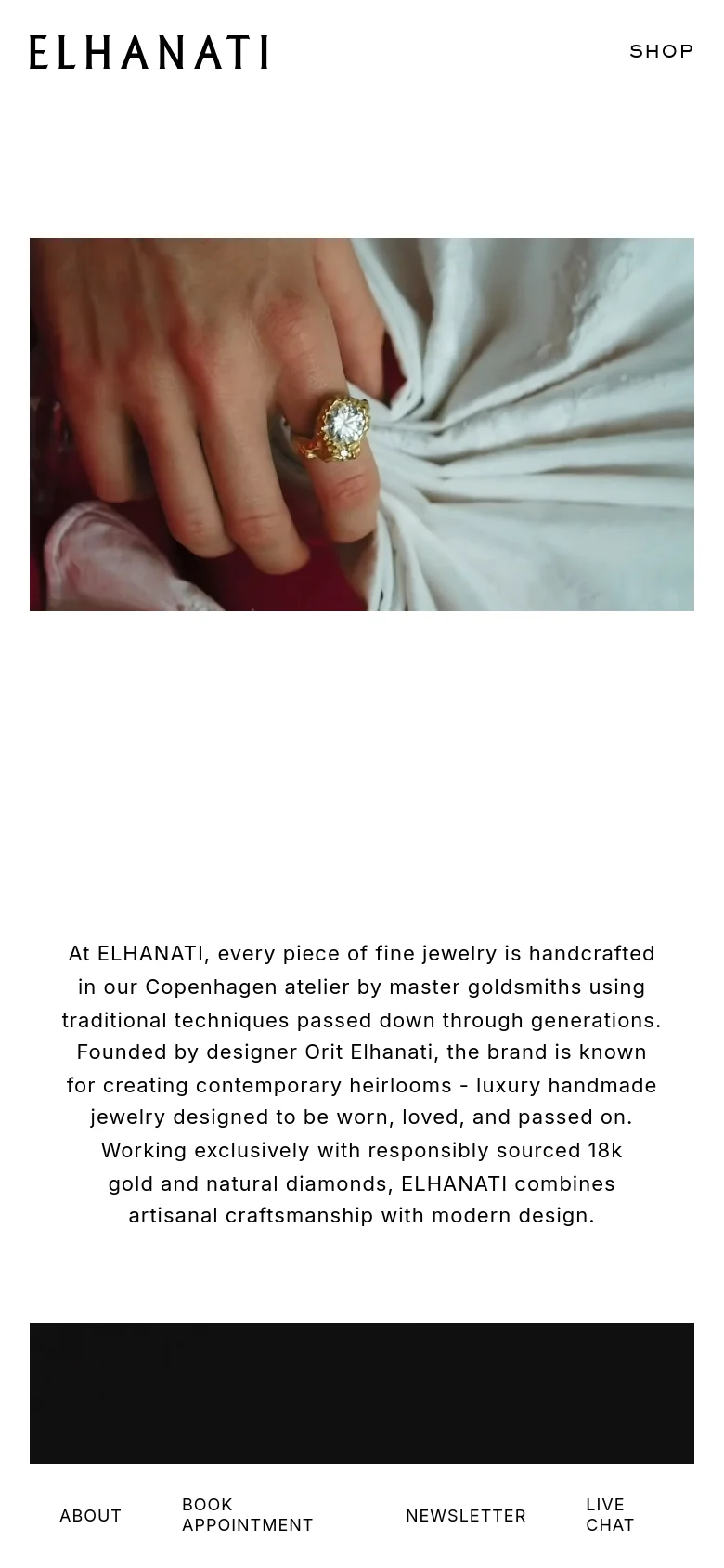 The mobile version presents a simplified vertical layout, starting with the brand name and a 'Shop' link at the top. The hero image of the gold ring is prominent, followed by centered text describing the brand's artisanal craftsmanship. The navigation is moved to a bottom bar containing links for About, Book Appointment, Newsletter, and Live Chat for easier thumb access.