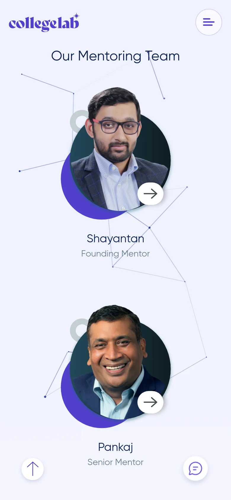 The mobile version displays the 'Our Mentoring Team' section in a single-column vertical scroll layout. The large circular portraits of Shayantan and Pankaj are stacked vertically, each featuring their name, title, and a prominent white arrow button. The navigation is condensed into a hamburger menu icon in the top right corner.