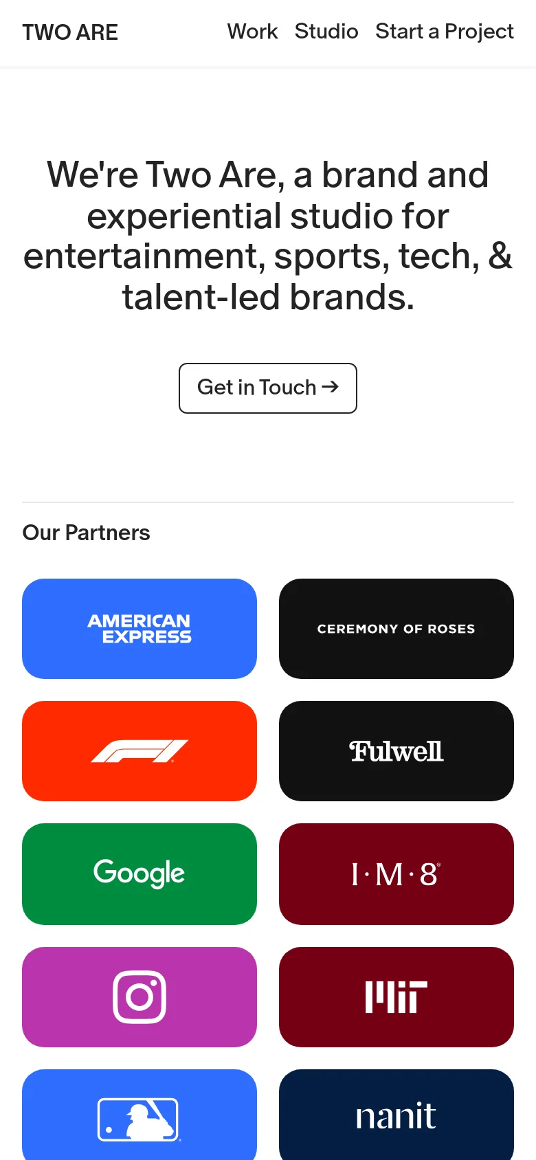 The mobile version maintains the minimalist white aesthetic and centered black text, but the layout is vertically stacked. The partner logo tiles transition from a wide grid to a more compact, two-column vertical arrangement to fit the narrow screen.