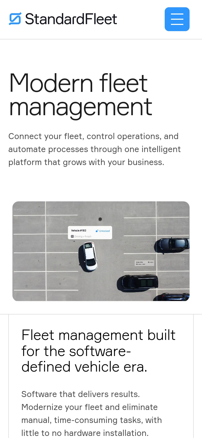 Standard Fleet mobile homepage with a stacked layout. The hero headline Modern fleet management is centered above a smaller aerial highway image, featuring a condensed navigation menu and simplified text blocks for easy scrolling.