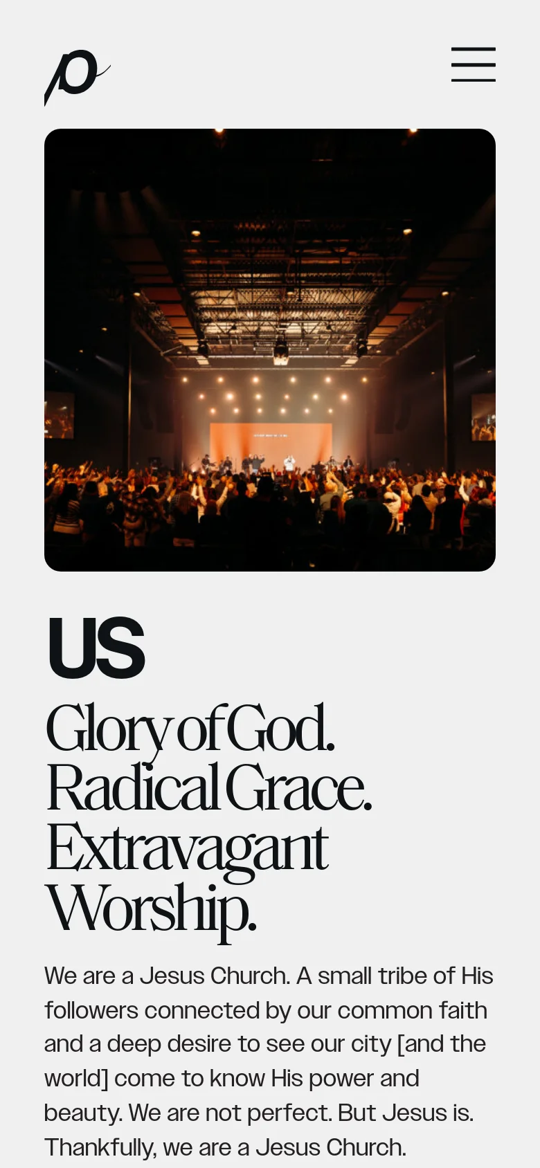 The mobile version maintains the same layout as the desktop, featuring the large sanctuary hero image at the top. The text 'US' and the subsequent large serif headline are stacked vertically below the image, followed by the body text. The navigation remains a simplified hamburger menu in the top right corner.