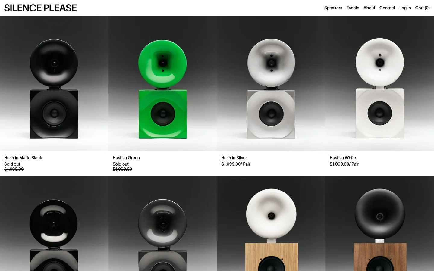 The desktop view shows a product collection page for Silence Please speakers on a dark background. A grid layout displays various 'Hush' speaker models in colors like matte black, green, silver, and white, each featuring a large circular driver atop a square base. Navigation links for Speakers, Events, About, Contact, Log in, and Cart are located in the top right header.