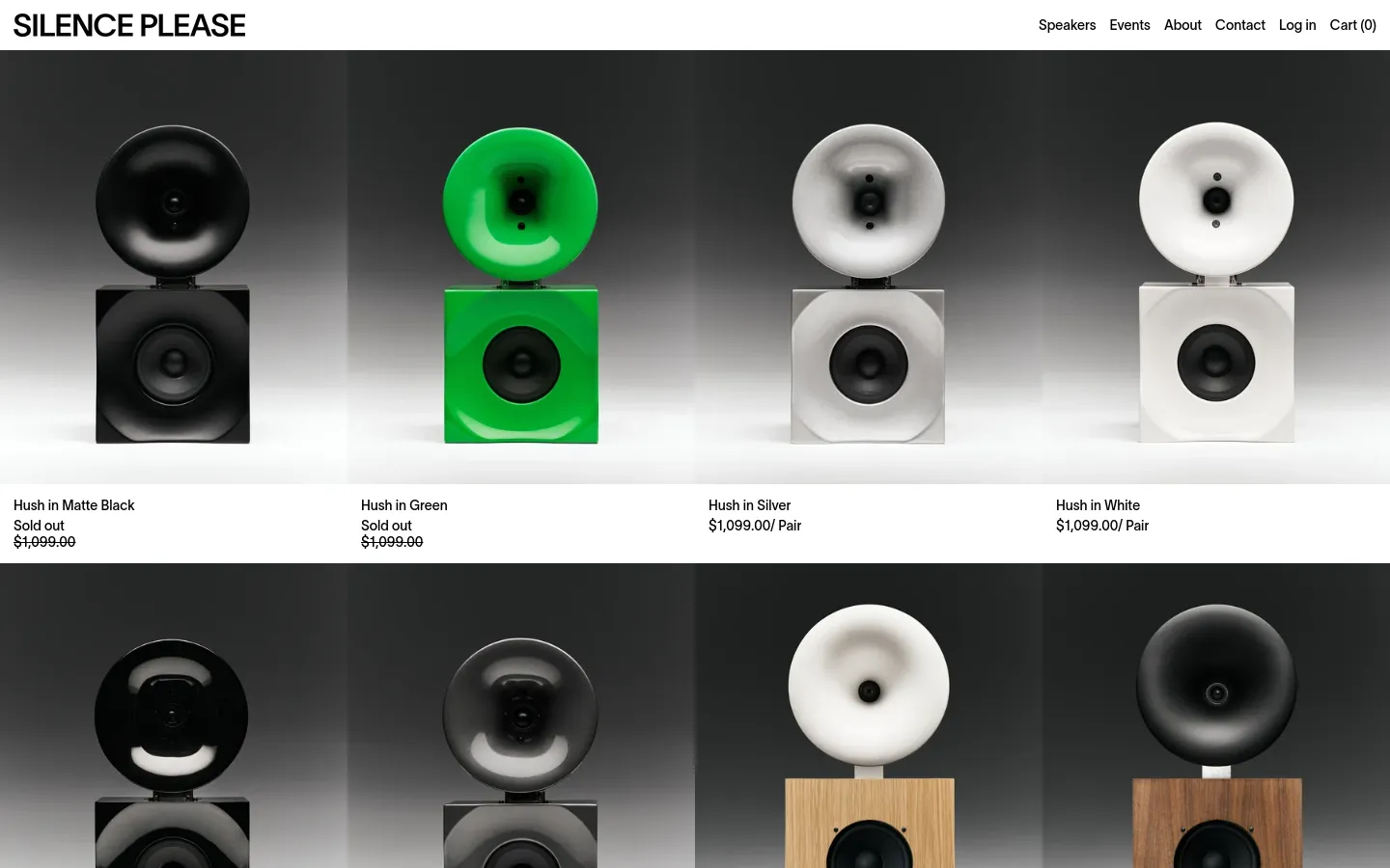 The desktop view shows a product collection page for Silence Please speakers on a dark background. A grid layout displays various 'Hush' speaker models in colors like matte black, green, silver, and white, each featuring a large circular driver atop a square base. Navigation links for Speakers, Events, About, Contact, Log in, and Cart are located in the top right header.
