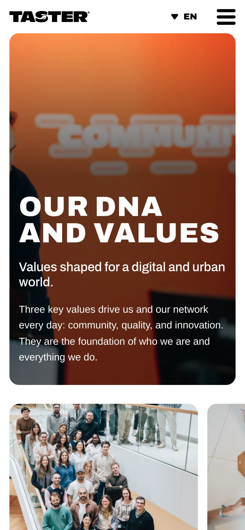 The mobile version simplifies the layout, replacing the top navigation bar with a hamburger menu icon and a language selector next to the Taster logo. The hero section remains prominent with the large orange-toned image and white headline text, but the content is vertically stacked to fit the narrower screen width.