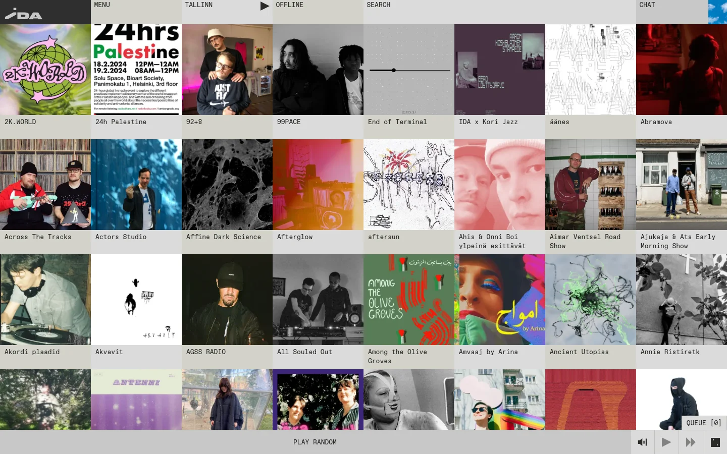 The IDA radio shows page features a minimalist grid layout of large, colorful rectangular tiles, each representing a different radio show with a unique image and title below it. A navigation menu is at the top with links for shows, episodes, schedule, and more, set against a light grey background. At the bottom, a persistent playback bar includes 'PLAY RANDOM' and queue controls.