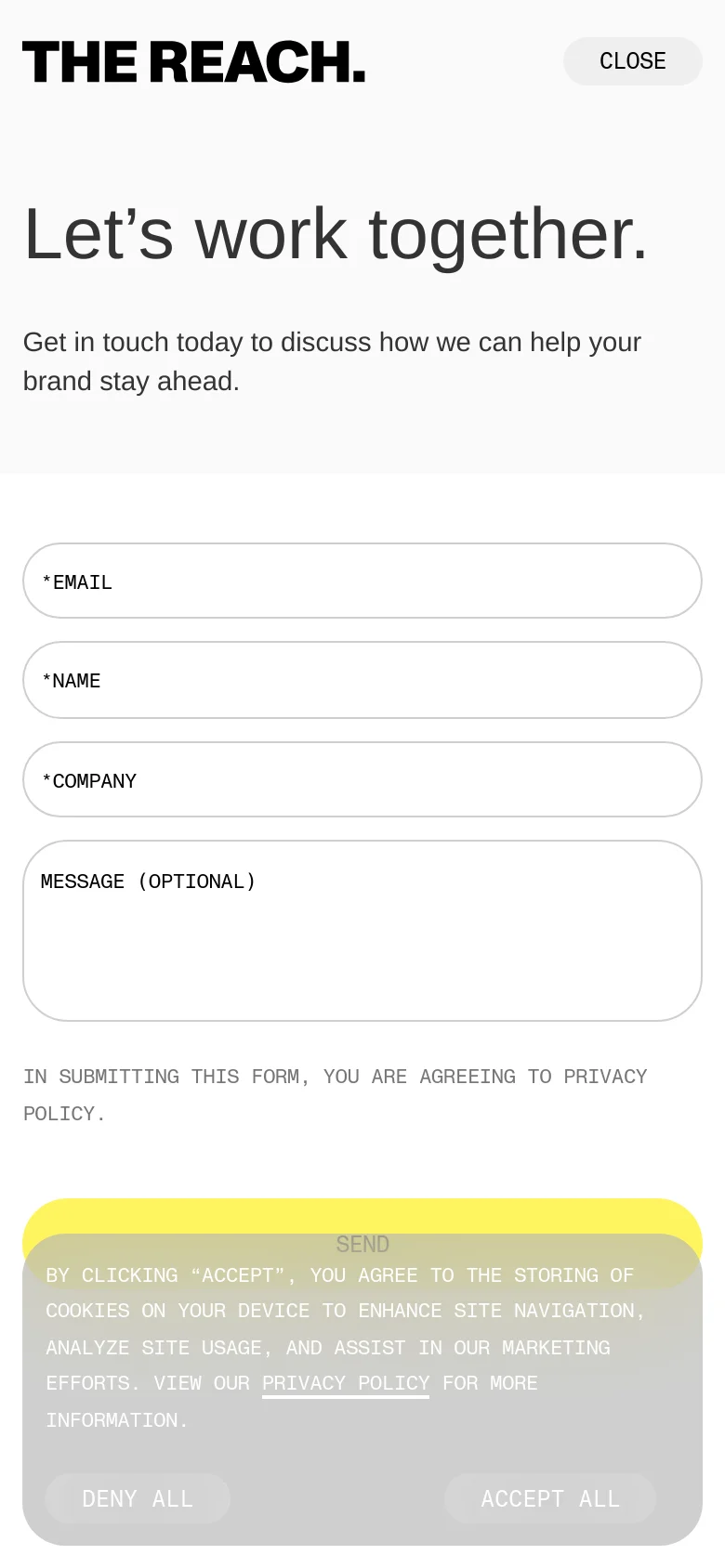 The mobile version presents a single-column layout with the headline 'Let's work together' positioned at the top. The contact form fields and the prominent yellow 'SEND' button are stacked vertically to fit the narrow screen width.