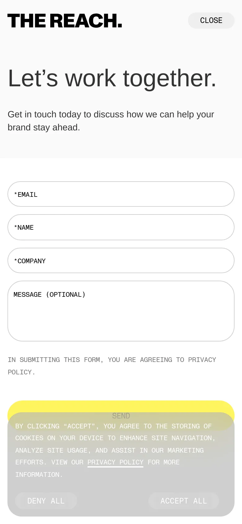 The mobile version presents a single-column layout with the headline 'Let's work together' positioned at the top. The contact form fields and the prominent yellow 'SEND' button are stacked vertically to fit the narrow screen width.