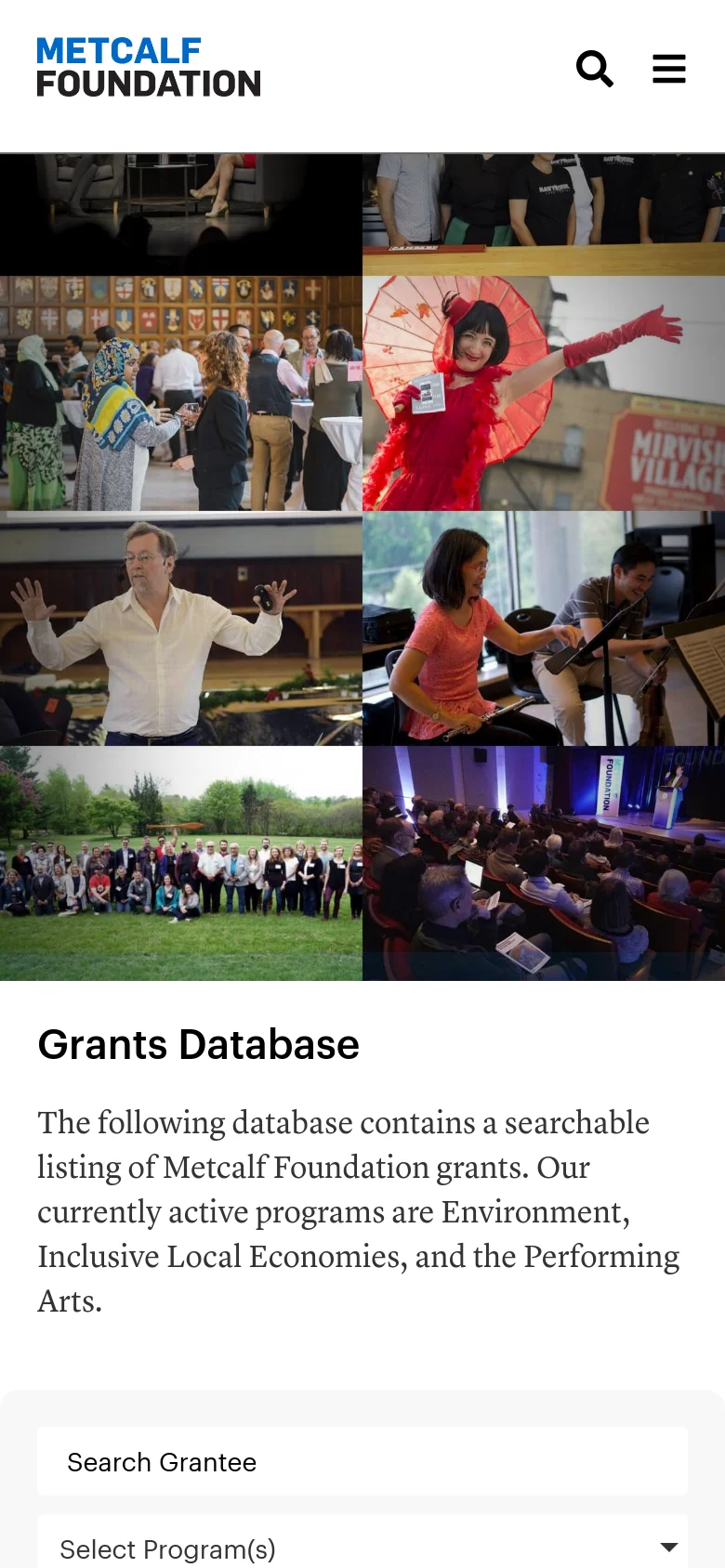 The mobile version presents a simplified layout with a condensed header containing a search icon and a hamburger menu. The hero image grid is stacked vertically, followed by the blue 'Grants' banner and the database section, which uses full-width dropdown menus for easier touch interaction.