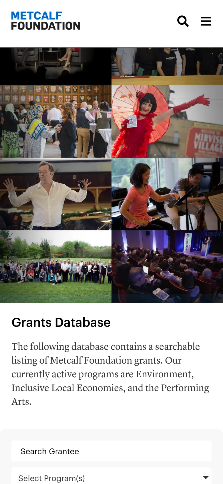 The mobile version presents a simplified layout with a condensed header containing a search icon and a hamburger menu. The hero image grid is stacked vertically, followed by the blue 'Grants' banner and the database section, which uses full-width dropdown menus for easier touch interaction.