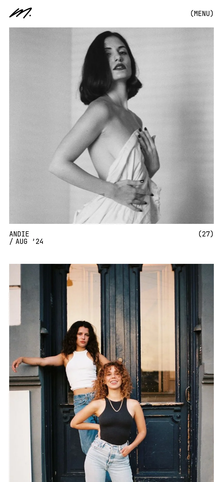 The mobile version presents a vertical stack of large, full-width black-and-white portrait images. The navigation is condensed into a '(MENU)' button at the top right, and the layout prioritizes a single-column scrolling experience to showcase the photography prominently on smaller screens.
