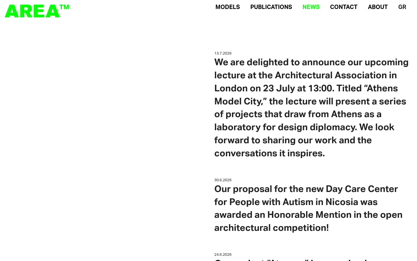 The News page features a minimalist white layout with a bright green 'AREA' logo in the top left and a navigation menu on the right. A chronological list of news updates is displayed in black text, with dates in a smaller font above bolded headlines and descriptive paragraphs.