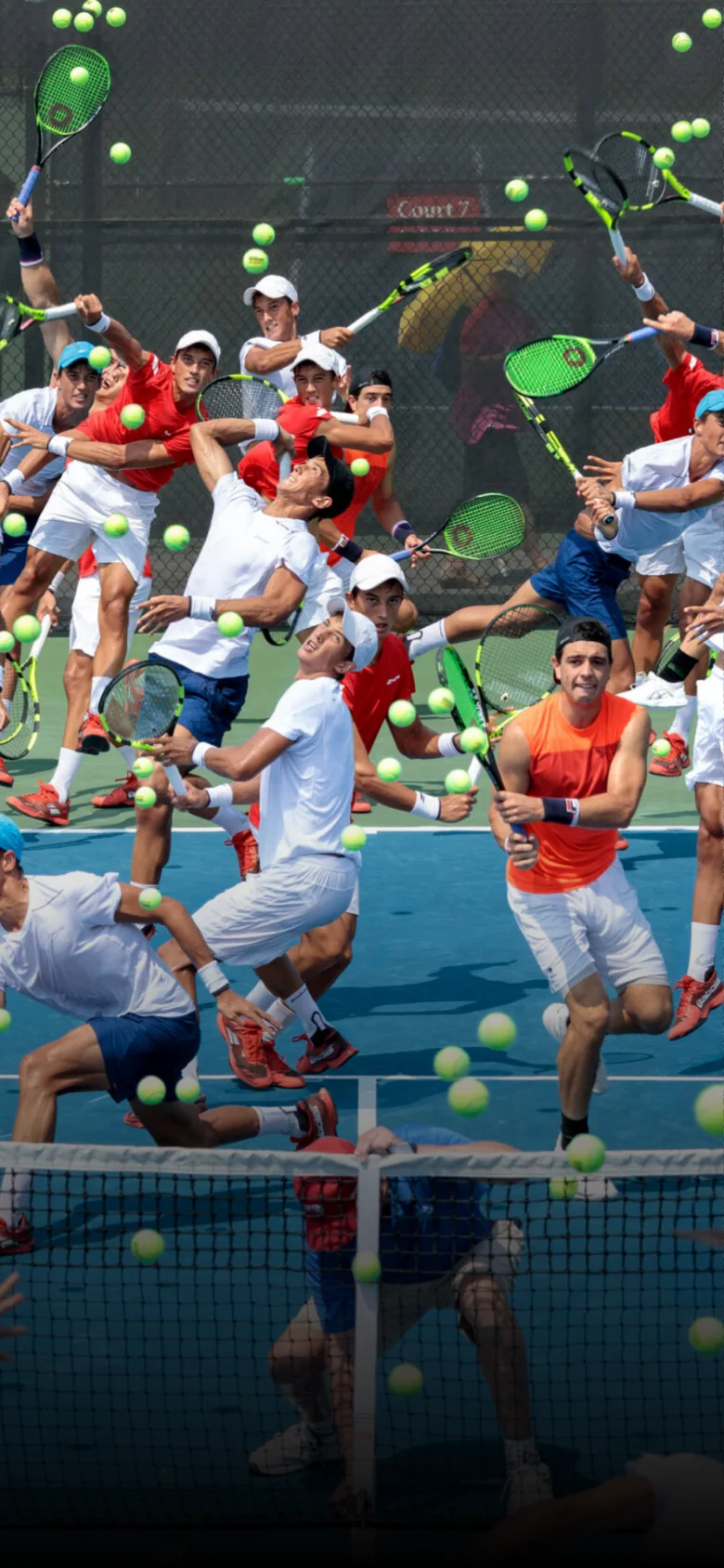 The mobile version maintains the energetic hero image of tennis players on a blue court, but the layout is vertically oriented to fit the smaller screen. The navigation links and site title are repositioned to accommodate the narrow viewport, ensuring the primary visual impact of the tennis action remains central.