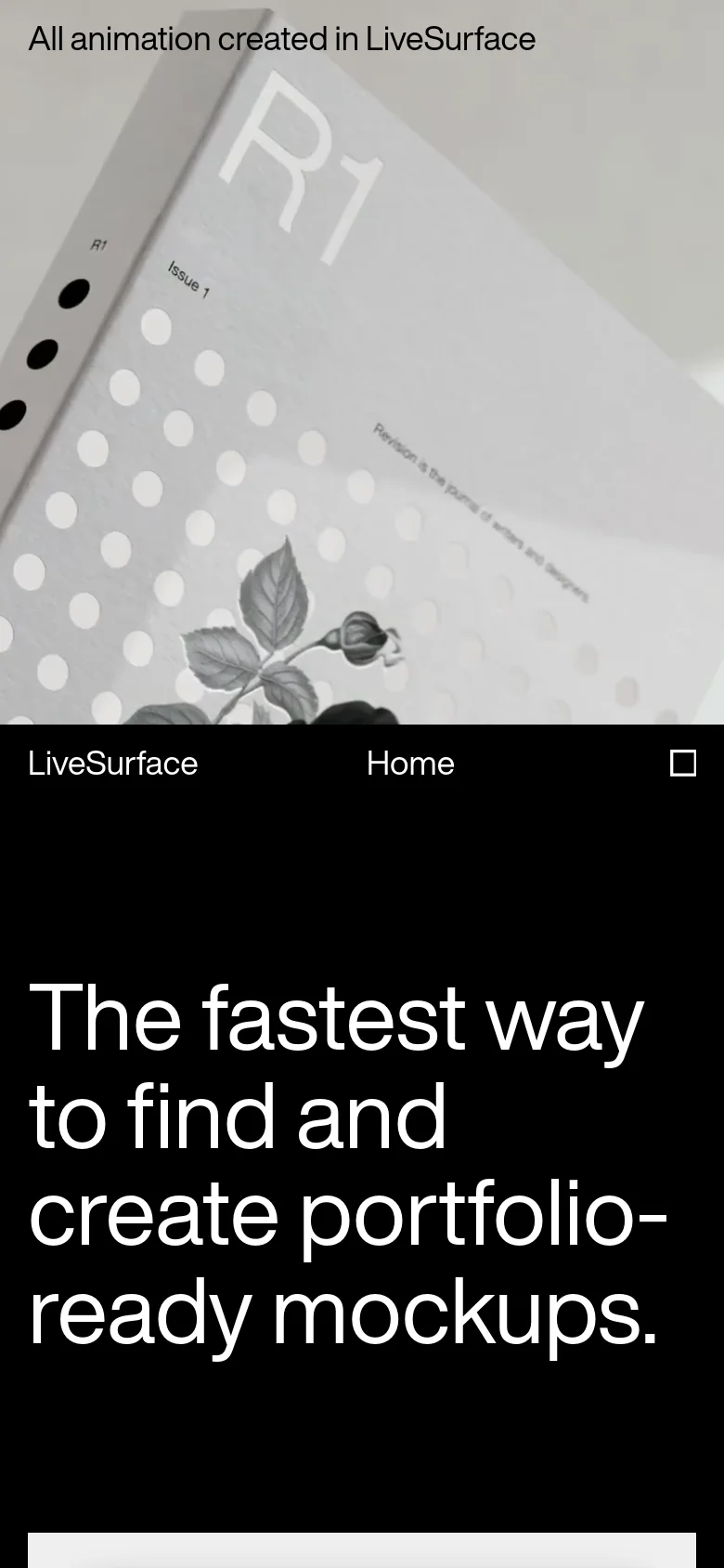 The mobile version maintains the dark theme and large typography but stacks content vertically for a single-column layout. The hero imagery and feature sections are scaled down to fit the narrow viewport, and the navigation is simplified into a compact header with a menu icon.