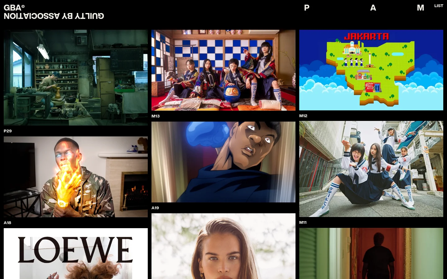 A portfolio grid on a black background showcasing various production projects with large rectangular image tiles. Each tile includes a project code (e.g., P29, M13) and a title like 'IKEA Life at Home by Annie Leibovitz' or 'Atarashii Gakko! – Toryanse'. The top navigation features the GBA logo and categories P, A, M, and LIST.
