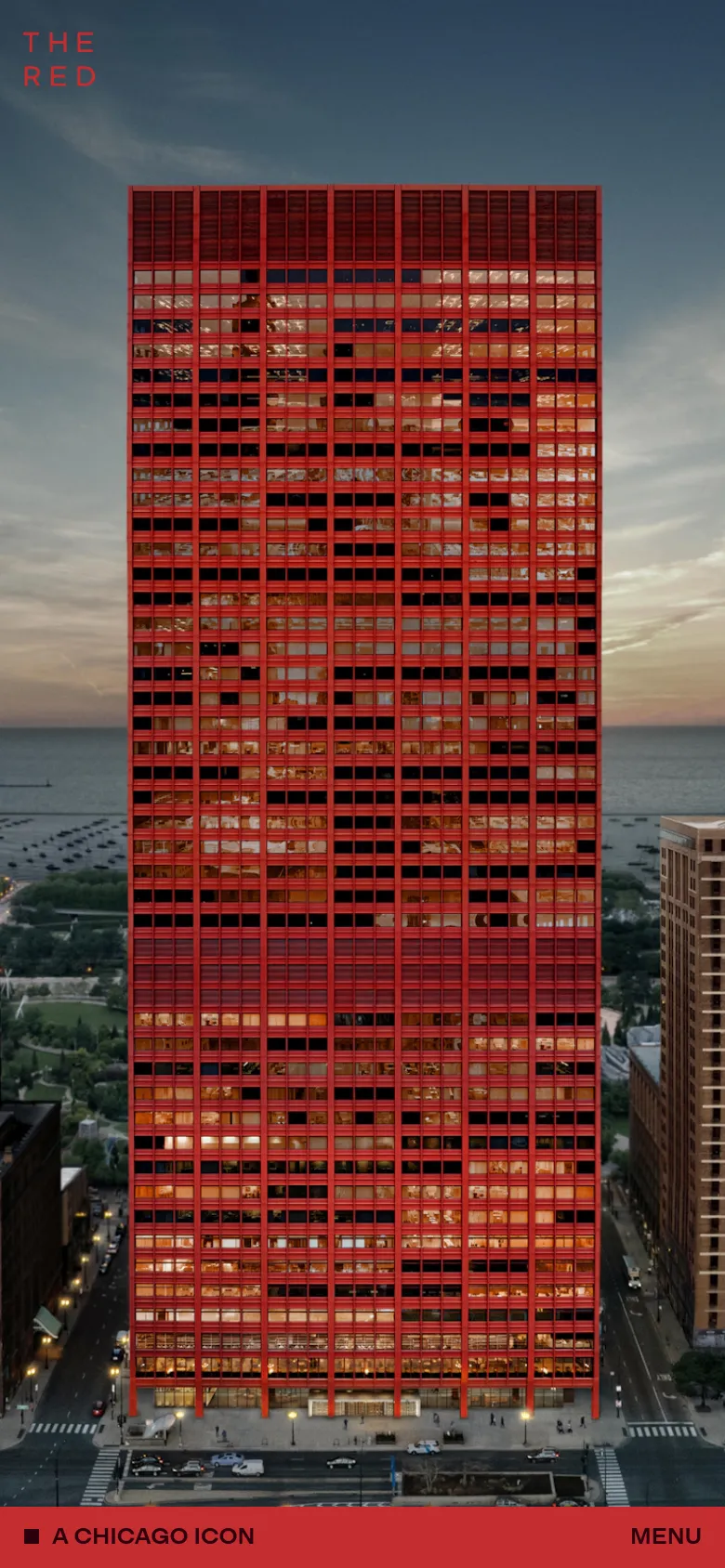 The mobile version presents a vertically oriented view of the red skyscraper, filling most of the screen. The header and footer remain consistent with the desktop version, but the central text and image grid are removed or condensed to focus on the striking visual of the building against the sky.