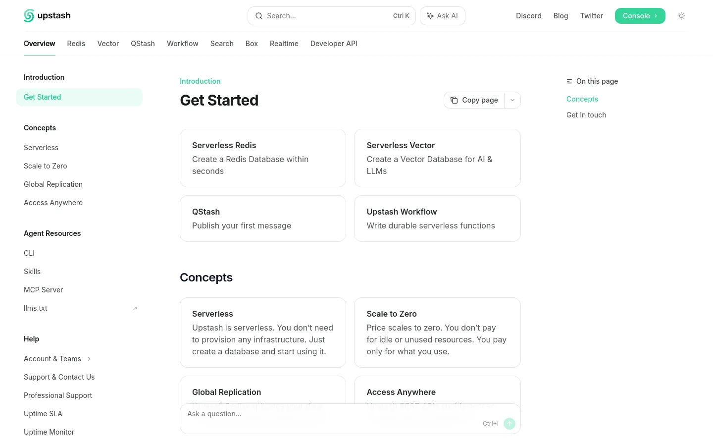 The Upstash documentation page features a clean, white layout with a sidebar on the left containing navigation links like Introduction, Concepts, and Agent Resources. The main content area displays a large 'Get Started' heading followed by a grid of four white cards for Serverless Redis, Serverless Vector, QStash, and Upstash Workflow. A right-hand sidebar provides quick navigation to page sections like Concepts and Get In touch.
