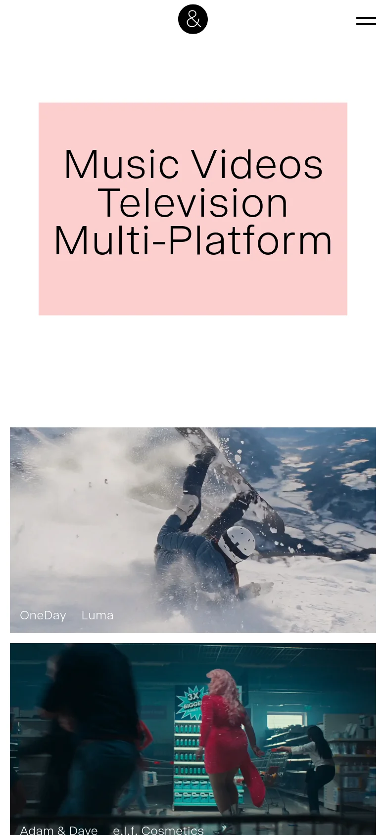 The mobile version presents a simplified, vertical layout with the pink text block appearing first, followed by large, full-width image tiles for featured projects. The navigation is condensed into a hamburger menu icon at the top right, and the overall aesthetic remains clean with high-contrast imagery.
