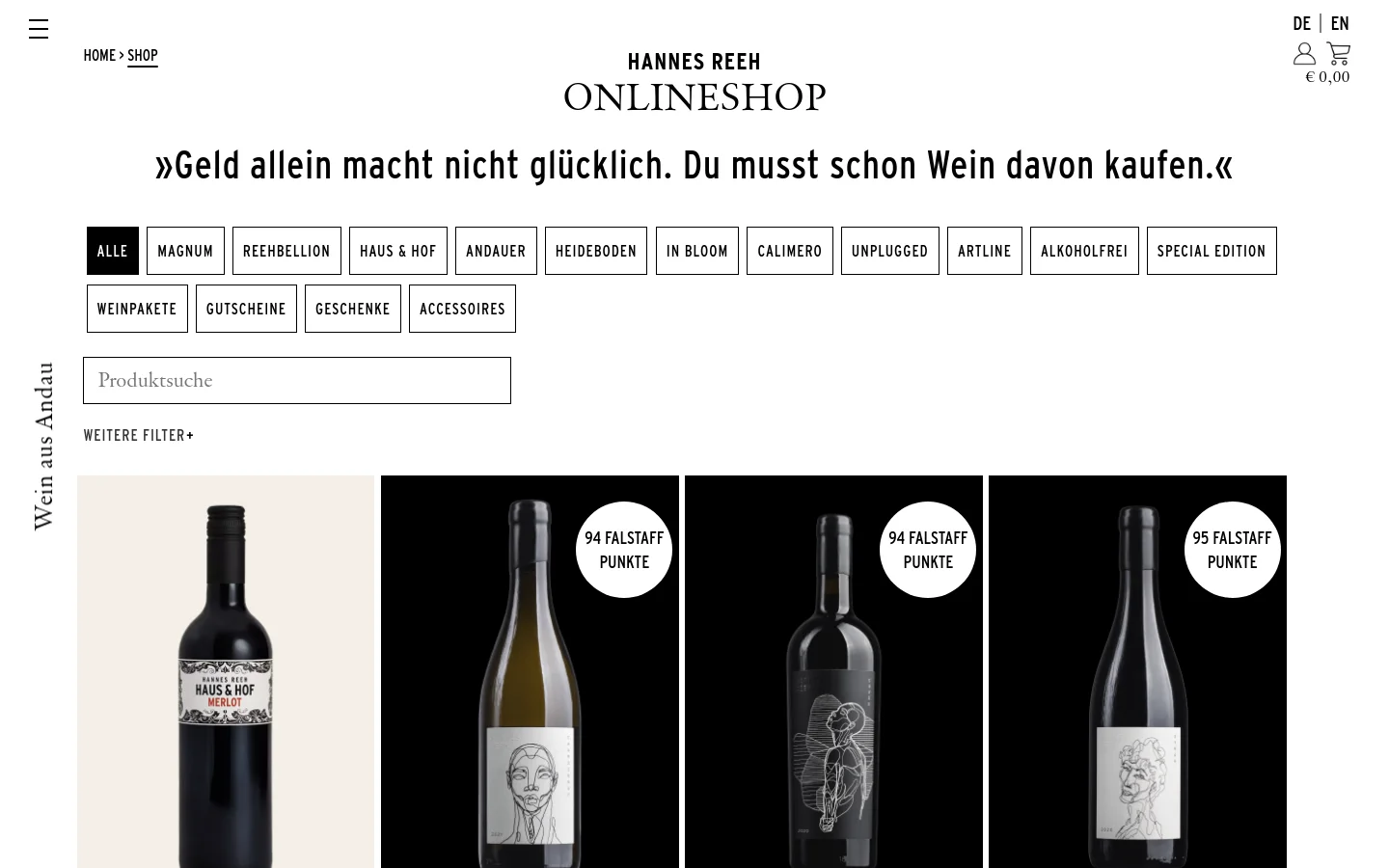 The desktop shop page features a minimalist design with a white background and black serif typography. A large quote headline sits above a grid of category buttons like 'Alle', 'Magnum', and 'Reehbellion', followed by a search bar and a product display showing wine bottles with high-score badges. The layout is spacious, with a vertical 'Wein aus Andau' text element on the far left.