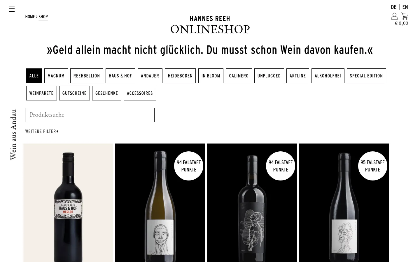 The desktop shop page features a minimalist design with a white background and black serif typography. A large quote headline sits above a grid of category buttons like 'Alle', 'Magnum', and 'Reehbellion', followed by a search bar and a product display showing wine bottles with high-score badges. The layout is spacious, with a vertical 'Wein aus Andau' text element on the far left.