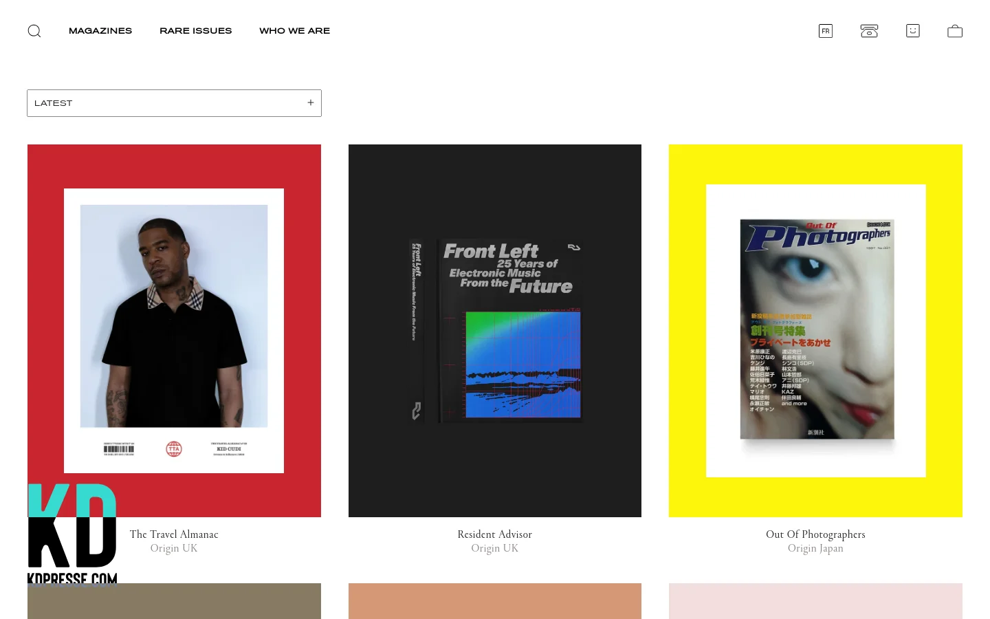 The desktop version of the KD Presse 'Latest' page features a clean white header with navigation links for Magazines, Rare Issues, and Who We Are. Below a dropdown menu labeled 'LATEST', a grid displays various magazine covers against large, solid-colored rectangular backgrounds in red, black, and yellow. Each product listing includes the magazine title and its country of origin in gray text.