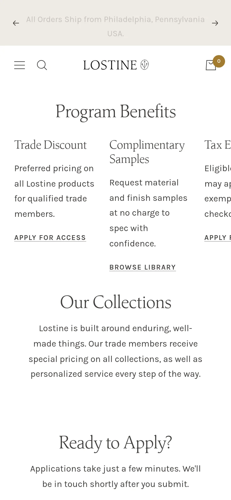 The mobile version uses a single-column vertical layout with a hamburger menu and search icon at the top. The 'Program Benefits' and 'Our Collections' sections are stacked vertically for easier scrolling, with text and links centered on the screen.