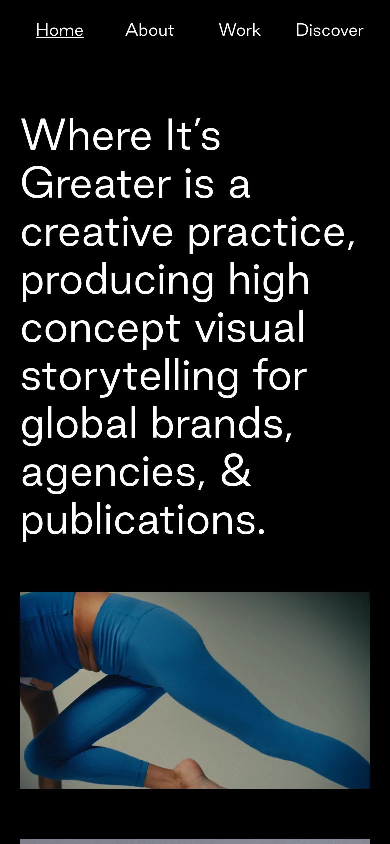 The mobile version maintains the black background and large white headline but stacks the content vertically for a single-column view. The navigation menu remains at the top, and the project thumbnails appear in a vertical scrollable format rather than a wide grid.