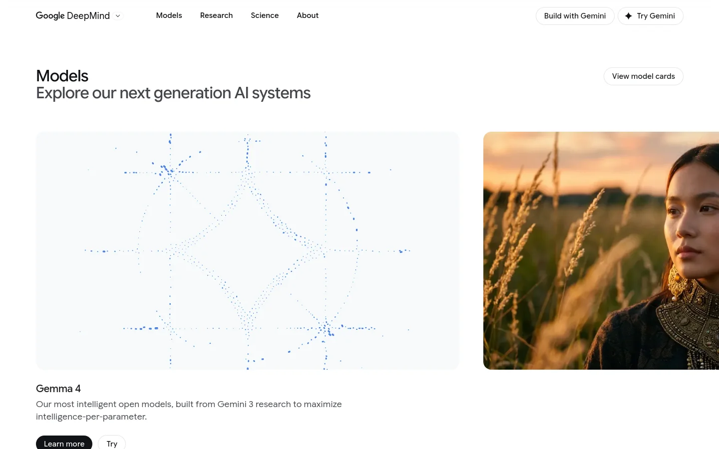 The desktop page features a clean, white background with the headline 'Models' and 'Explore our next generation AI systems'. A horizontal carousel displays model cards, including 'Gemma 4' with descriptive text and buttons for 'Learn more' and 'Try', accompanied by abstract blue dotted patterns and a portrait of a woman in a field. The navigation bar at the top includes links for Models, Research, Science, and About, alongside 'Build with Gemini' and 'Try Gemini' buttons.