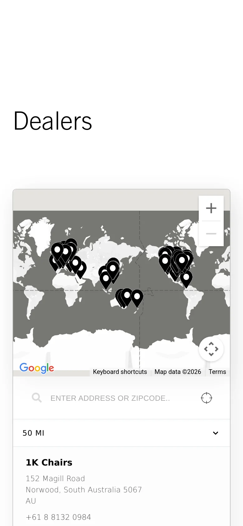 The mobile version presents a simplified layout with the 'Dealers' heading at the top, followed by a compact interactive map. Below the map, the dealer list and search functionality are stacked vertically for easier scrolling on a smaller screen.