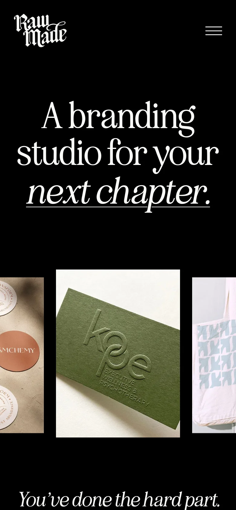 The mobile version maintains the black background and white serif text but uses a single-column vertical layout. The hero headline is centered and takes up more screen space, while the portfolio image grid is scaled down to fit the narrow viewport.