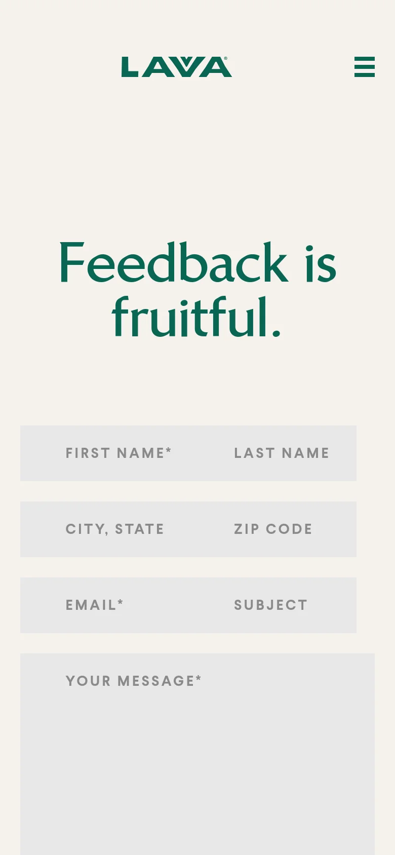 The mobile version maintains the cream and dark green color scheme but uses a stacked layout for the contact form fields to fit the narrow screen. The top navigation is condensed into a hamburger menu icon next to the Lavva logo, and the large headline 'Feedback is fruitful.' is centered above the single-column form.