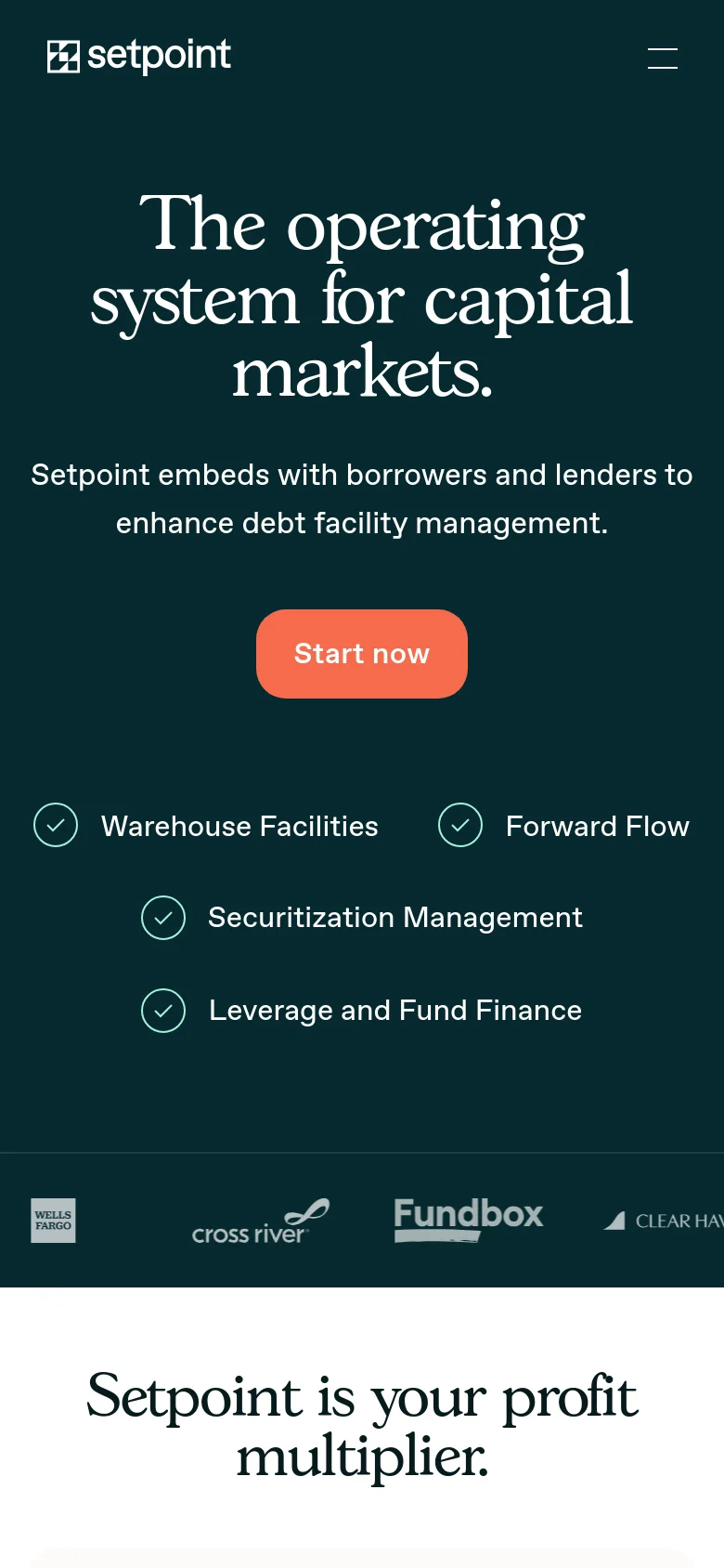 Mobile version of the homepage with a centered layout on a dark teal background. The headline and 'Start now' button are stacked vertically, followed by a list of services. The partner logo marquee is condensed at the bottom of the screen.
