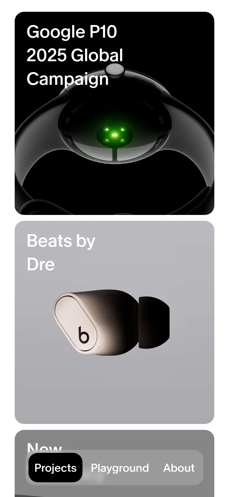 The mobile version maintains the minimalist aesthetic but transitions to a single-column vertical scroll. The navigation menu is condensed into a floating pill-shaped bar at the bottom of the screen, and project images are stacked vertically with large text overlays.