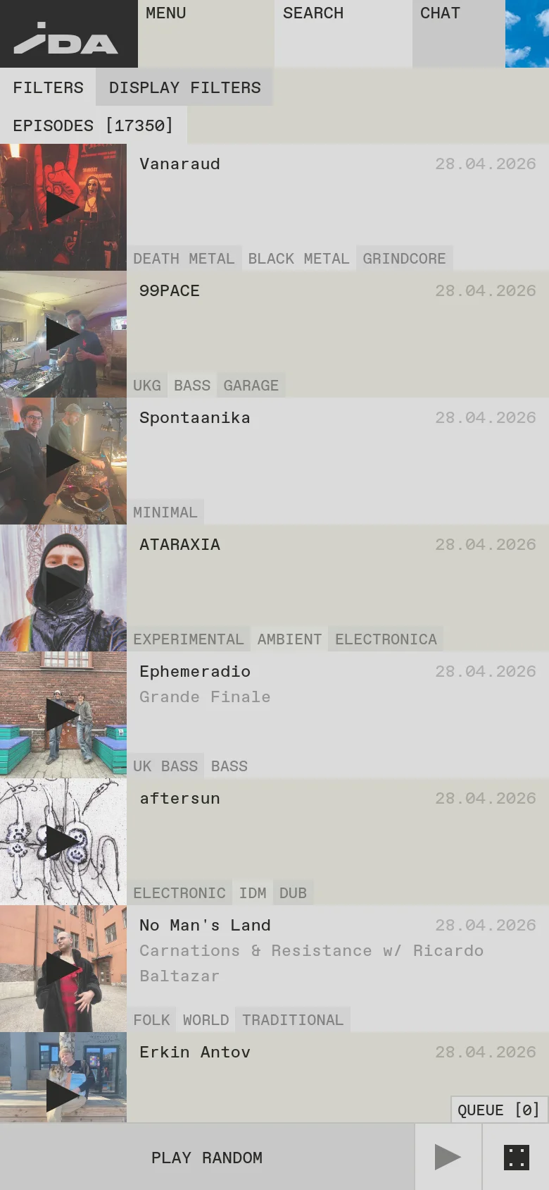 The mobile version simplifies the layout by moving the genre filters to a collapsible 'DISPLAY FILTERS' menu at the top. The episode list remains the primary focus, occupying the full width of the screen with large thumbnail images and text. The bottom playback bar is condensed, featuring a play button and a queue indicator.