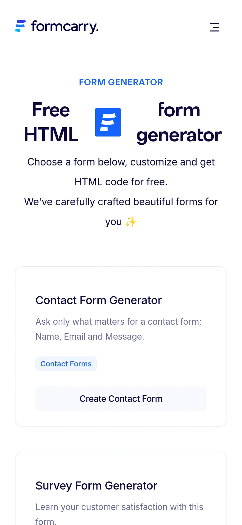 The mobile version simplifies the layout into a single-column vertical stack to fit narrow screens. The hero text is centered and scaled down, followed by individual form generator cards that span the width of the screen. The top navigation is condensed, replacing the horizontal menu with a hamburger icon on the right.