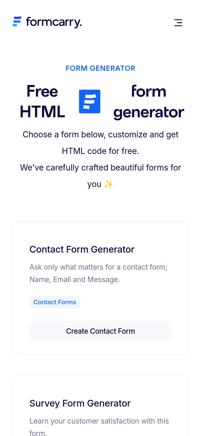 The mobile version simplifies the layout into a single-column vertical stack to fit narrow screens. The hero text is centered and scaled down, followed by individual form generator cards that span the width of the screen. The top navigation is condensed, replacing the horizontal menu with a hamburger icon on the right.
