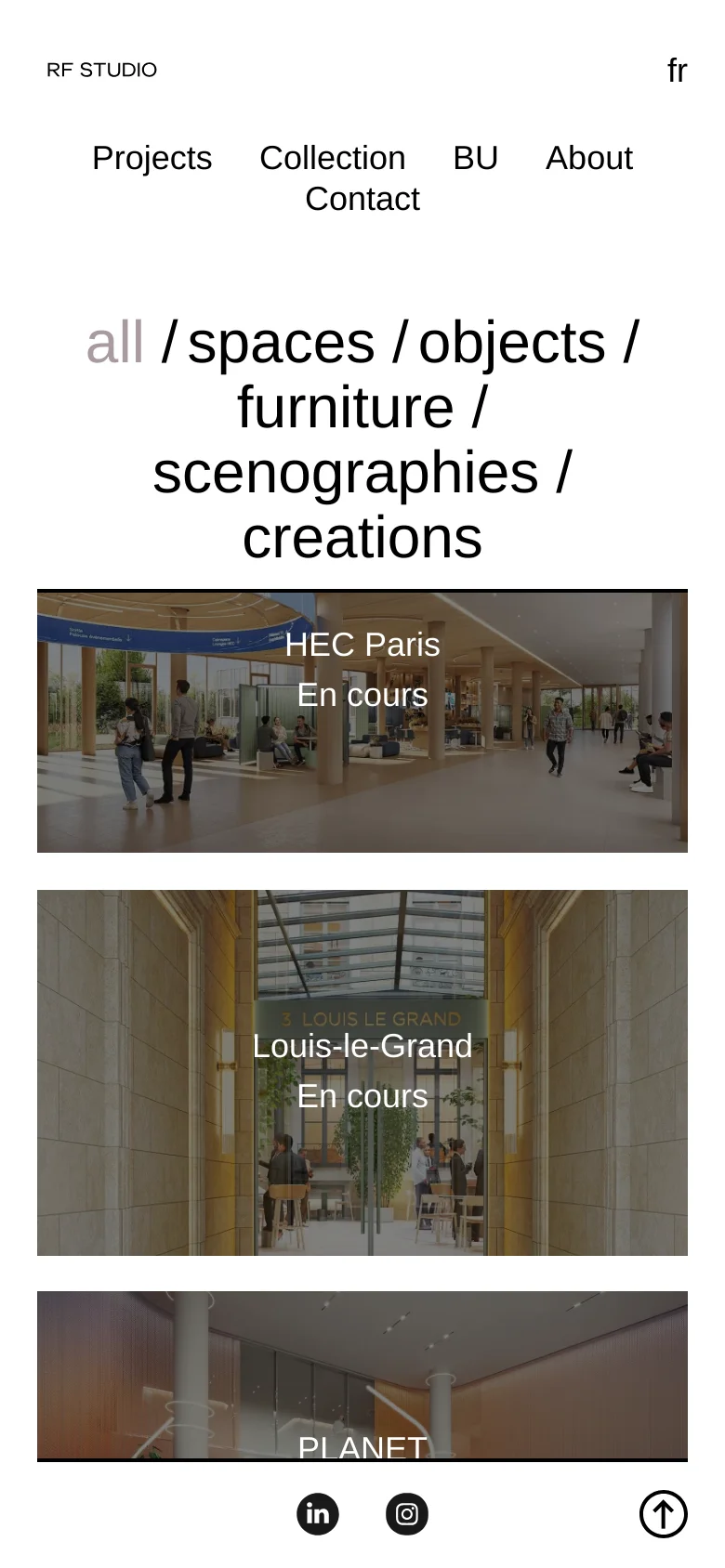 The mobile version presents a single-column vertical scroll of large, full-width project images. The navigation menu is simplified, and the category filter text is larger and centered to accommodate the narrow screen. The design maintains a clean, white aesthetic with high-contrast black text.